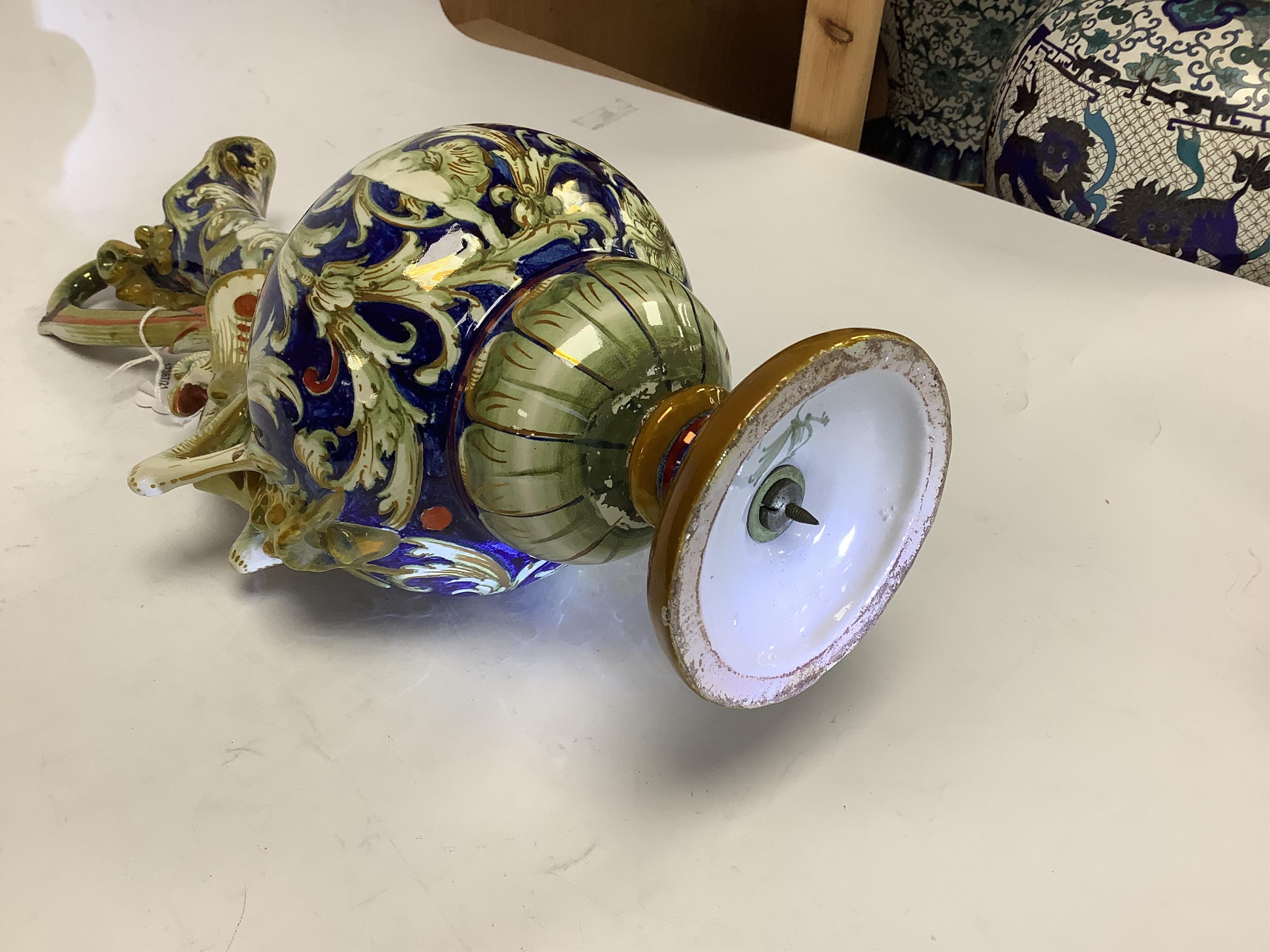 Eight Chinese and Japanese 18th and 19th century plates and dishes, together with a painted botanical plate and a Cantagalli maiolica ewer, tallest ewer 37cm high. Condition - ewer and a small dish restored, the other it